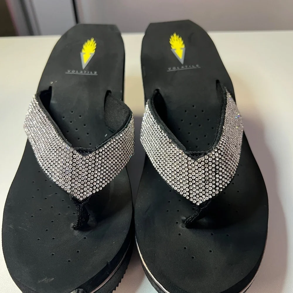 Volatile Glimpse Black Wedge Sandals with Rhinestone Straps - Picture 2 of 6